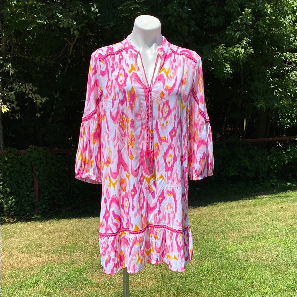Crown and Ivy boho pink/orange ikat print warp knit crochet look trim, NWT sz M